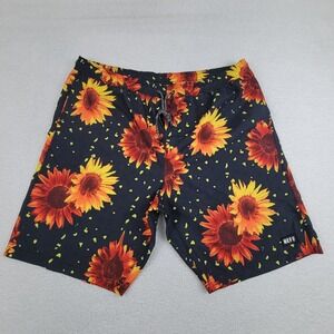 Neff Swim Trunks Shorts Mens Large Black Sunflower Floral Boardshorts Mesh Lined